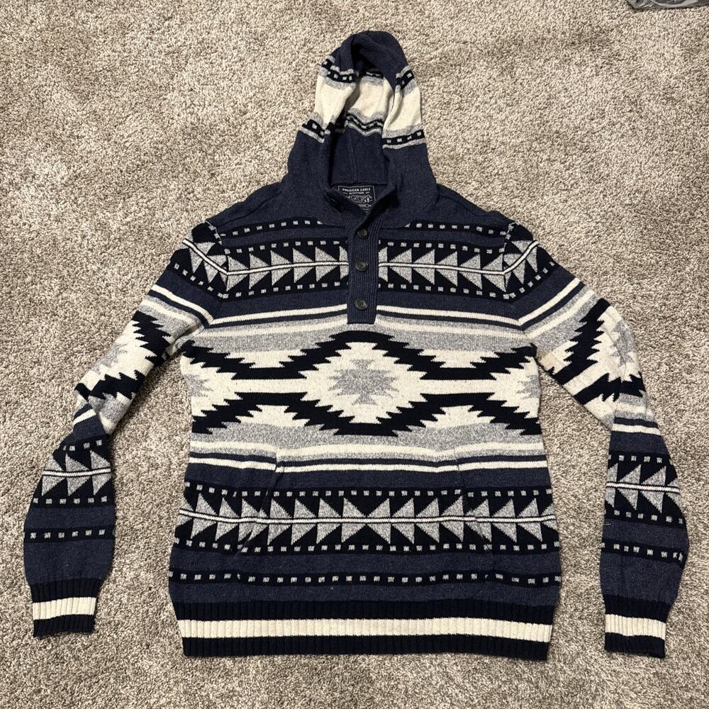 American Eagle AEO Mens M Southwestern Aztec Knit Hoodie Sweater 100% Cotton